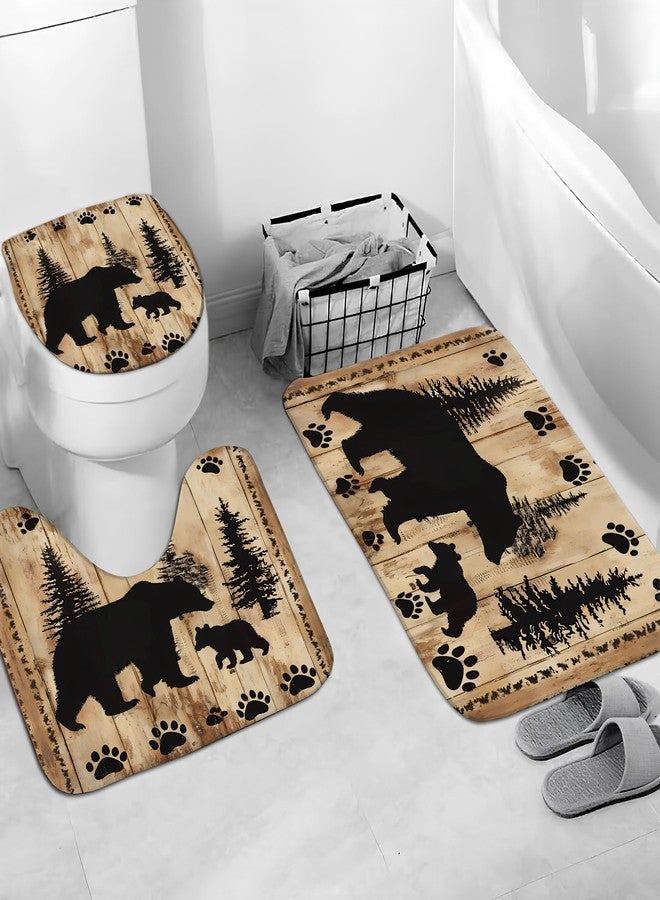 sunfrower 4 Pieces Rustic Bear Shower Curtain for Cabin Bathroom Forest Woodland Nursery Bear Shower Curtain Set with Non-Slip Rugs Toilet Lid Cover and Bath Mat Farmhouse Shower Curtains Toilet Home Decoration - Image 4