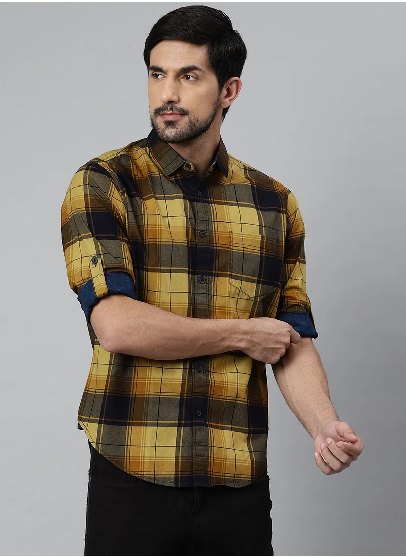 دينيس لينغو Slim Fit Mustard Men's Solid Shirt, Mandarin Collar, Half Sleeves, 100% Cotton,