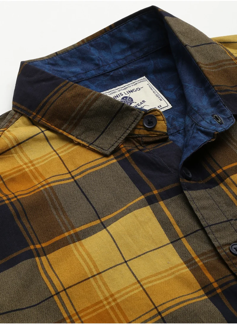 دينيس لينغو Slim Fit Mustard Men's Solid Shirt, Mandarin Collar, Half Sleeves, 100% Cotton,