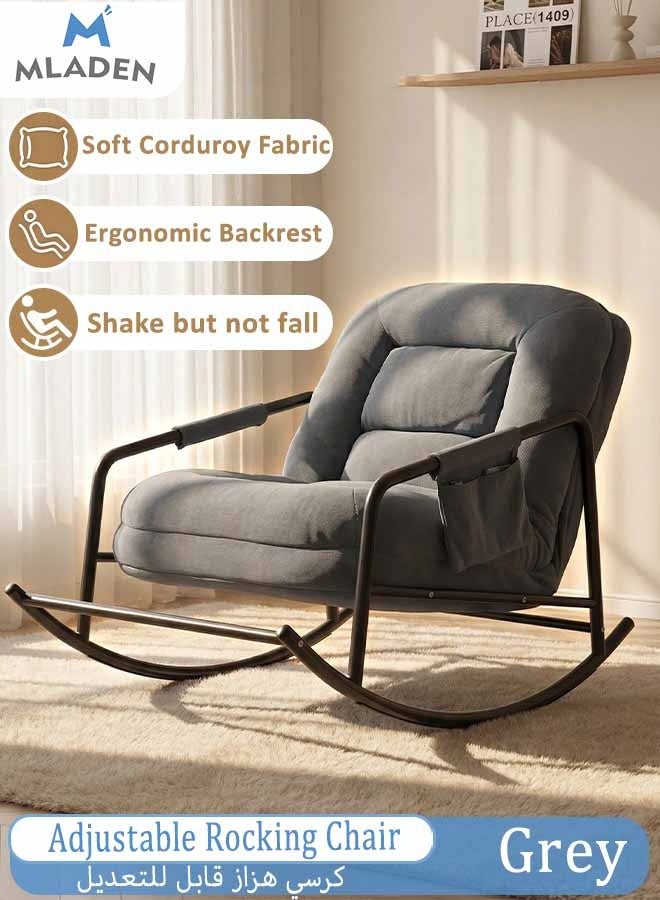 MLADEN Rocking Chair Adjustable Upholstered Rocking Armchair Lazy Sofa Chair Lounge Chair with Side Pocket Metal Base Protective Noise Reduction Strip or Lounge Living Room Bedroom Patio Garden (Grey) - Image 1