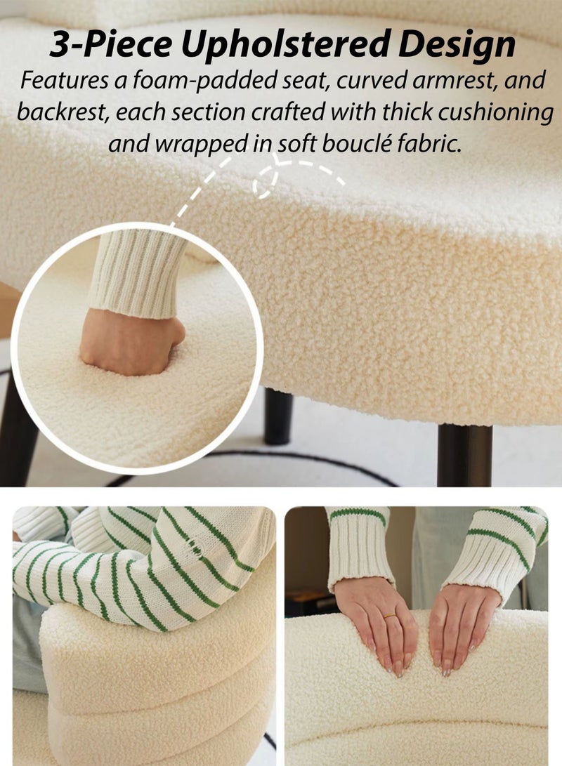 Toshionics Modern Accent Chair – White Boucle, Ergonomic Single Sofa Lounge Chair with Foam Padding, Curved Backrest & Carbon Steel Legs - Image 5