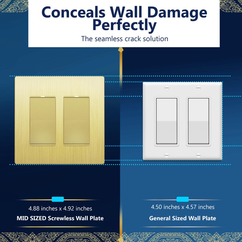 LIDER Brushed Finish Decorator Switch Cover, Screwless Wall Plate, Mid-Size 2-Gang 4.88" x 4.92", Unbreakable Polycarbonate Thermoplastic, UL Listed, LSWP-32M-BGD, Brushed Gold - Image 4