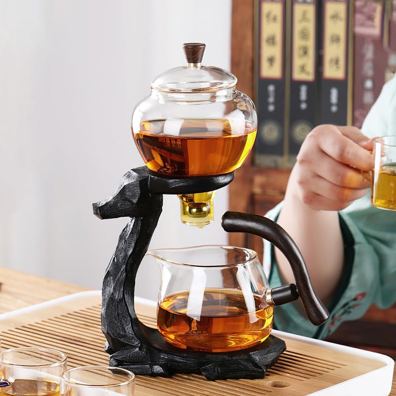 Lazy Kungfu Drip TeaPot Heat Resistant Tea Set SemiAutomatic Glass Teapot Suit for Magnetic Water Flow Wooden Glass Teapot Set