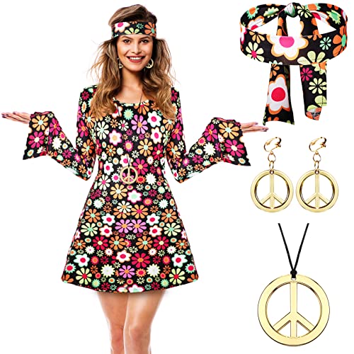 Haysandy 70s 80s Women Hippie Costume Set Disco Outfit Peace Sign Earring Necklace Headband Dress for Women Halloween Party(XXLarge) - Image 4