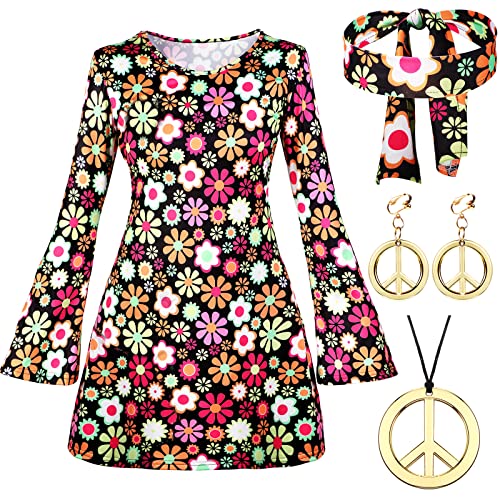 Haysandy 70s 80s Women Hippie Costume Set Disco Outfit Peace Sign Earring Necklace Headband Dress for Women Halloween Party(XXLarge) - Image 1