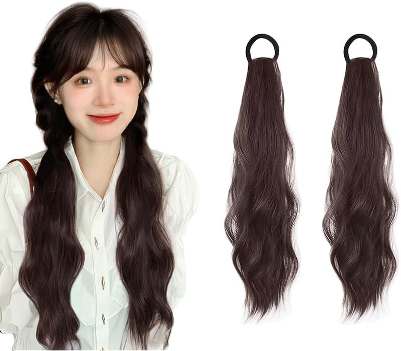 2Pcs 197 inch Curly Ponytail Extensions with Elastic Hair Tie Natural Looking Wave Fake Ponytail Wigs Hairpieces for Women Girls Black