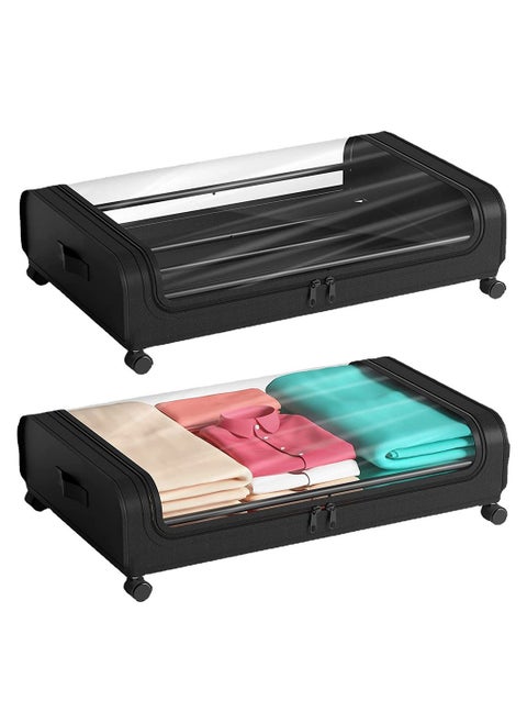 COOLBABY 2 Pack Under Bed Storage Box 6.5 inch High Under Bed Storage Containers with Wheels Organizing Box with Transparent Lid