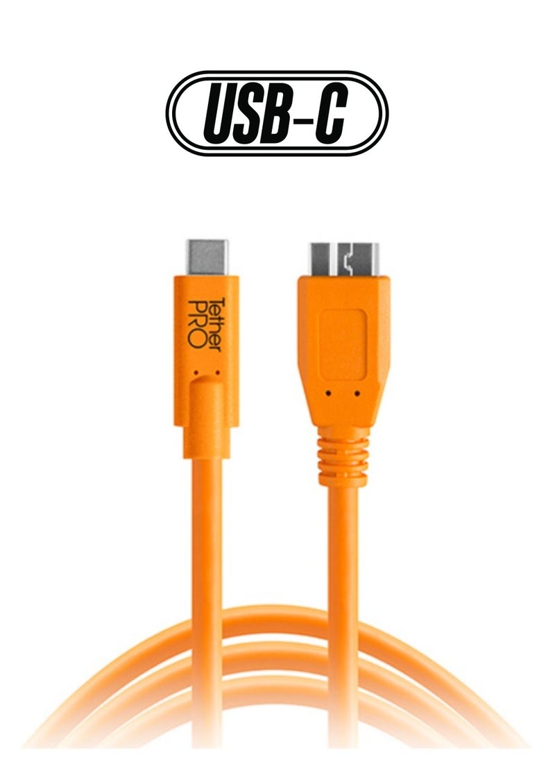 Tether Tools TetherPro USB Type-C Male to Micro-USB 3.0 Type-B Male Cable (15', Orange) - Image 1