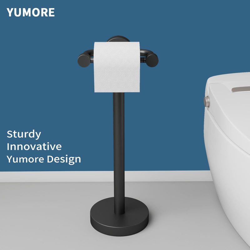YUMORE Toilet Paper Holder Stand,Modern Freestanding Matte Black Bathroom Floor Standing Toilet Paper Roll Holder,Stainless Steel Round Weighted Base Bath Tissue Holder - Image 2