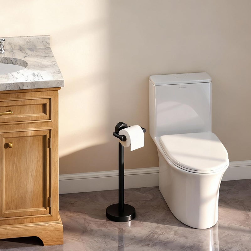 YUMORE Toilet Paper Holder Stand,Modern Freestanding Matte Black Bathroom Floor Standing Toilet Paper Roll Holder,Stainless Steel Round Weighted Base Bath Tissue Holder - Image 3