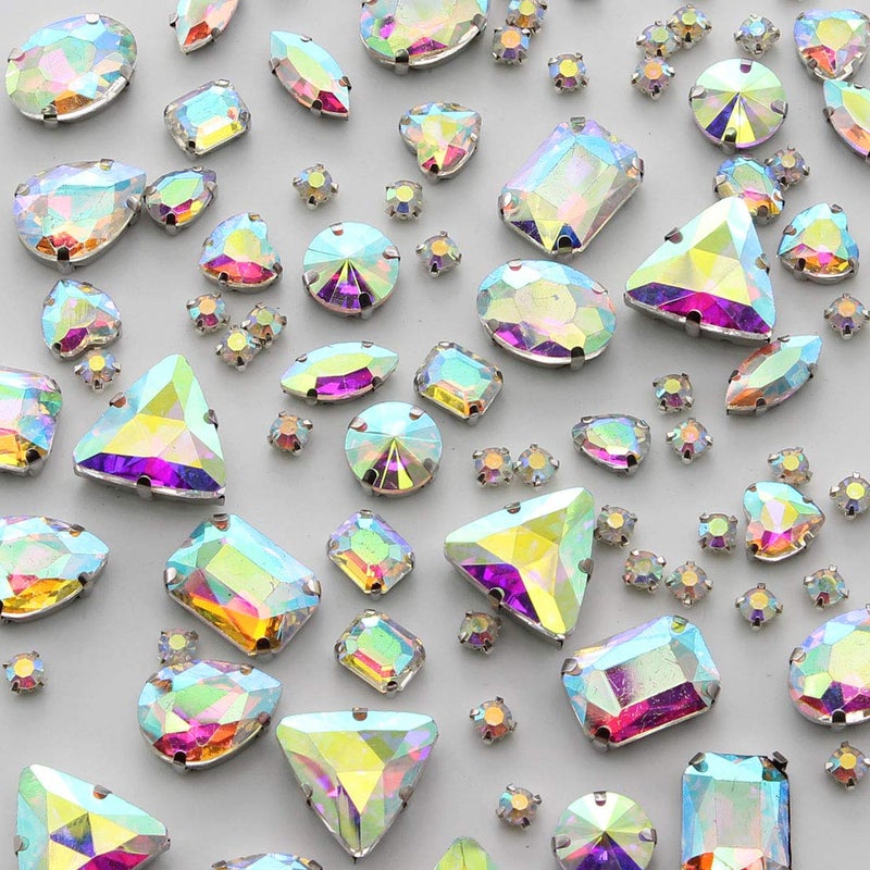 TANOSII Sew on Rhinestones 100 PCS Mixed Shapes Glass Rhinestones Sew on Crystal Gems Mental Flatback with Silver Claw for Jewelry Crafts Clothes Shoes Costume Garment AB White - Image 3