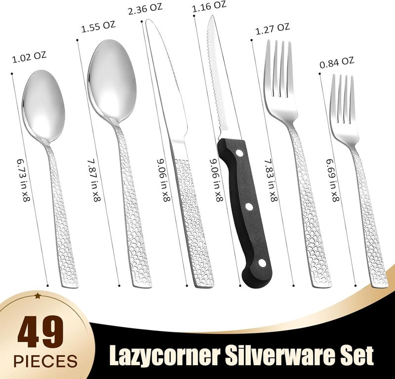 Lazycorner 49Pcs Silverware Set with Organizer, Silver Stainless Steel Flatware Set for 8 Cutlery Utensil Sets with Steak Knives, Spoons and Forks Set, Dishwasher Safe - Image 2