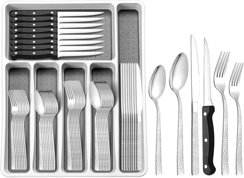 Lazycorner 49Pcs Silverware Set with Organizer, Silver Stainless Steel Flatware Set for 8 Cutlery Utensil Sets with Steak Knives, Spoons and Forks Set, Dishwasher Safe - Image 1