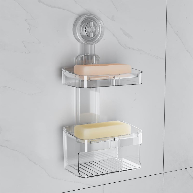 Feptuase Suction Cup Soap Holder  Double Layer Soap Dish  2 Tier No Drilling  Self Draining  Removable  Clear Acrylic Bar Soap Holder  Suitable For Bathroom And Kitchen - Image 1