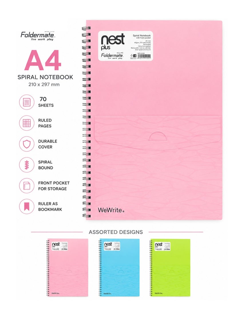 Foldermate 1-Piece A4 Size Spiral Lined Notebook with Divider & Pocket Assorted Colours - Image 1