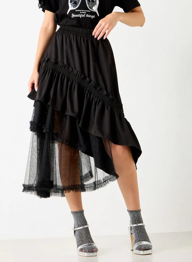 2Xtremz 2Xtremz Textured Asymmetric Midi Skirt with Ruffle Detail