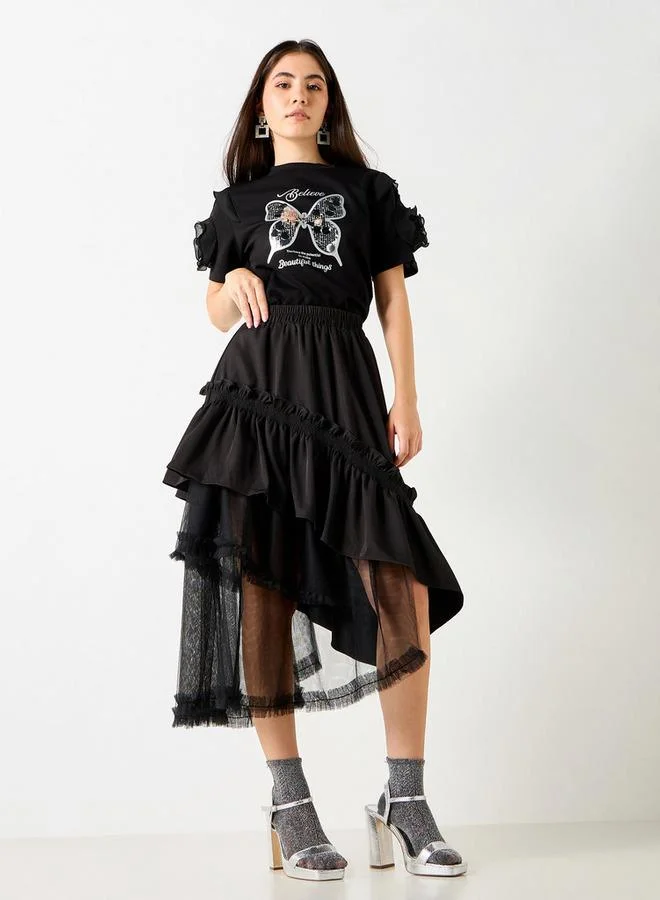 2Xtremz 2Xtremz Textured Asymmetric Midi Skirt with Ruffle Detail