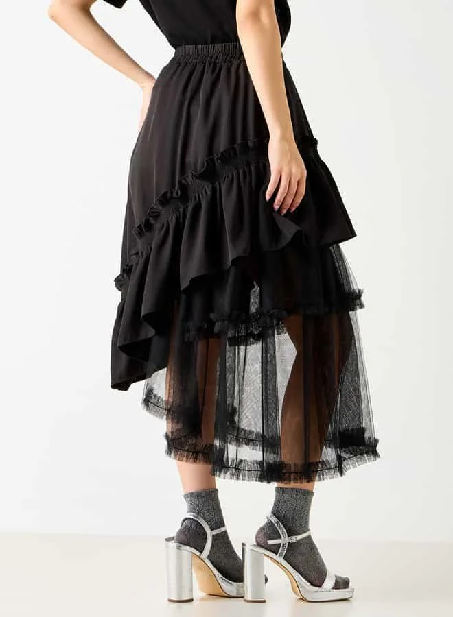 2Xtremz 2Xtremz Textured Asymmetric Midi Skirt with Ruffle Detail