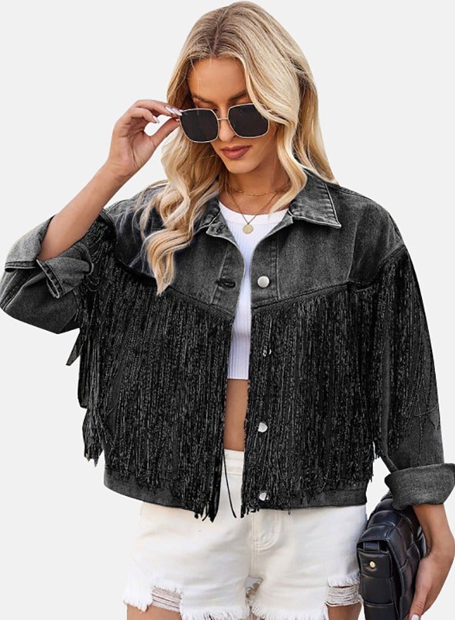 يونيكي جاكيت جينز بأكمام طويلة وياقة سوداء - Image 1