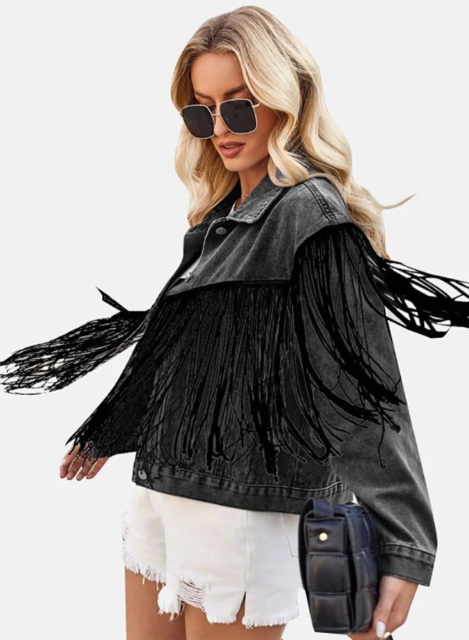 يونيكي Black Collared Long Sleeve Denim Jacket