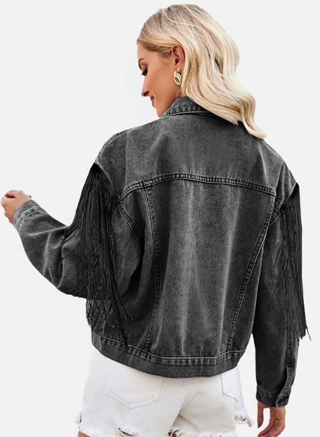 يونيكي جاكيت جينز بأكمام طويلة وياقة سوداء - Image 4