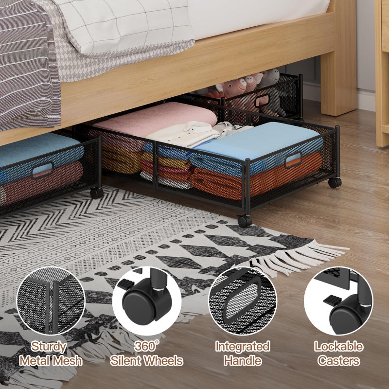 Gawerk Under Bed Storage with Wheels, Foldable Metal Mesh Underbed Storage Container Bins, Tool-free Assembly Clothes Drawer Organizer,2Pack - Image 3