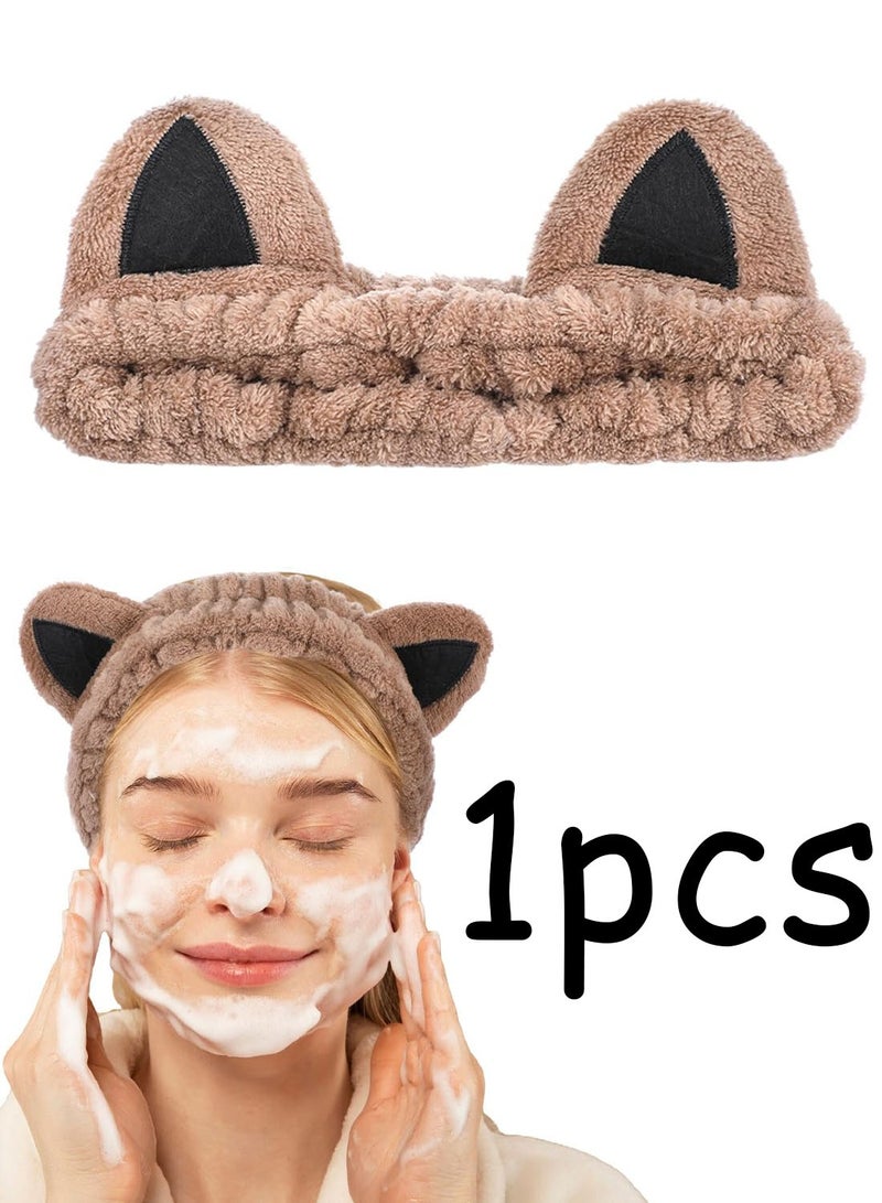 1 Pcs Face Headband for Skincare, Cat Ear Spa Headband for Washing Face & Makeup, Soft Coral Fleece Cat Ears Hair Accessories for Women & Girls - Image 1