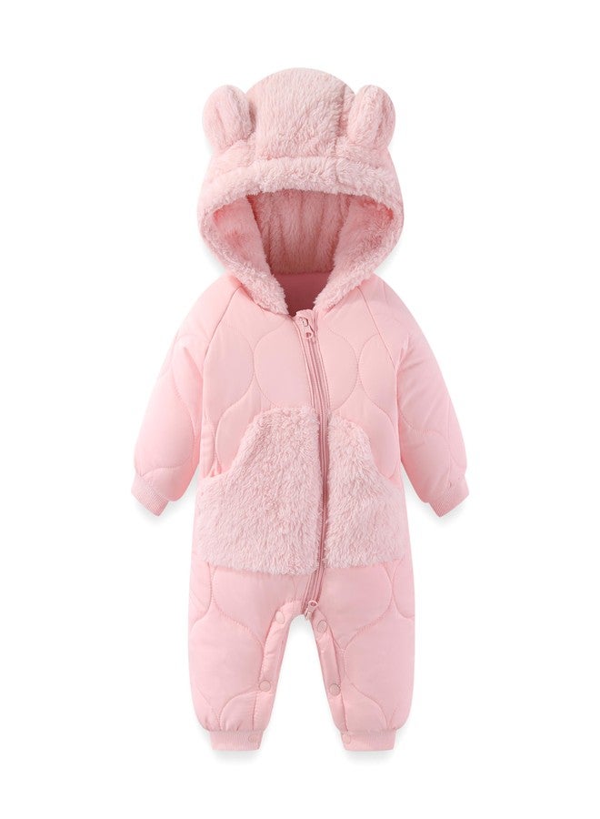 JiAmy Baby Snowsuit Winter Romper Hooded Boys Girls Jumpsuit Bear Thick Windproof Cap Infant Winter Clothes 12-18 Months Pink - Image 1