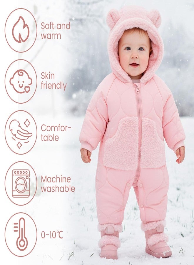 JiAmy Baby Snowsuit Winter Romper Hooded Boys Girls Jumpsuit Bear Thick Windproof Cap Infant Winter Clothes 12-18 Months Pink - Image 2