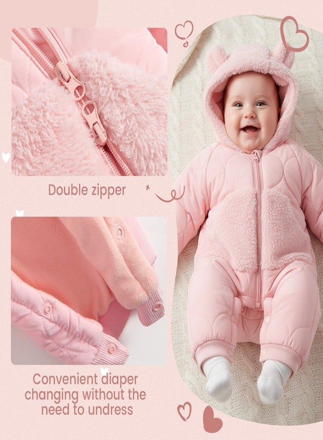 JiAmy Baby Snowsuit Winter Romper Hooded Boys Girls Jumpsuit Bear Thick Windproof Cap Infant Winter Clothes 12-18 Months Pink - Image 3