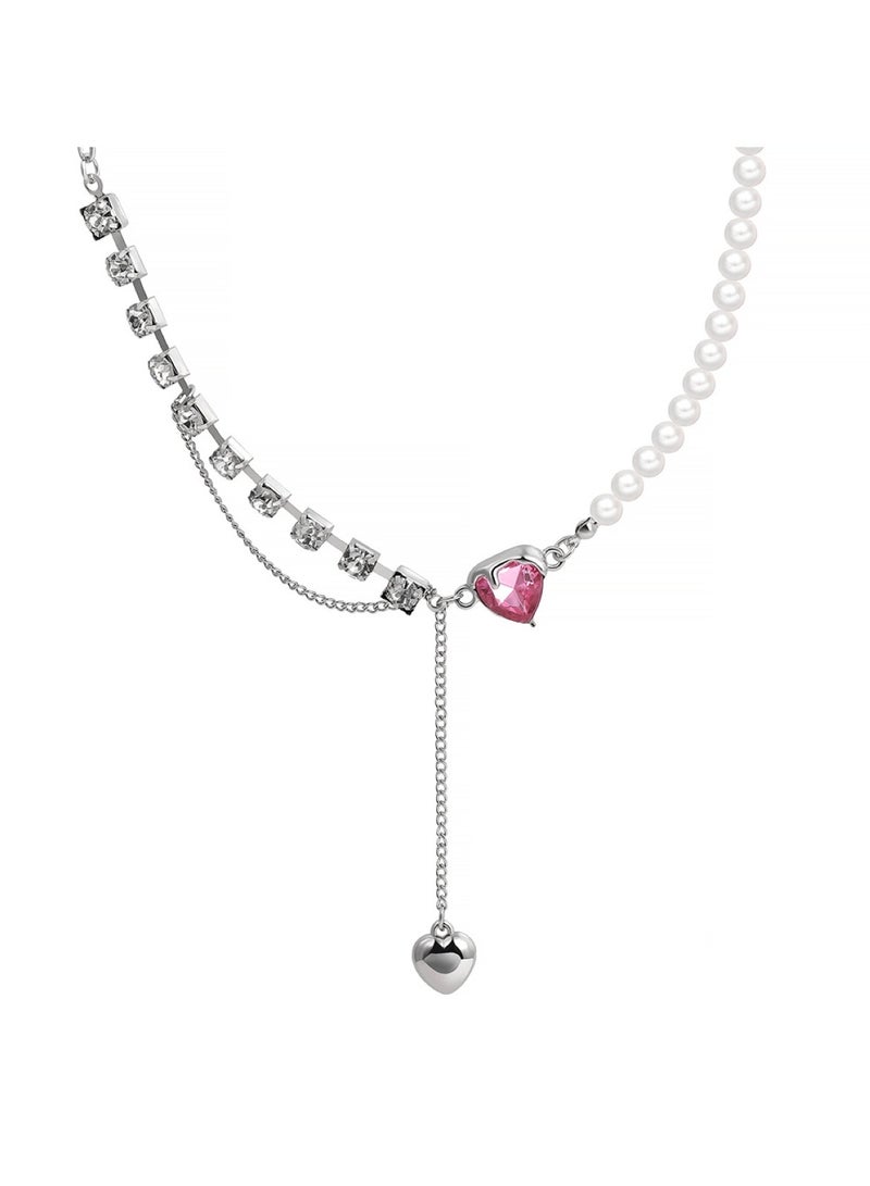 Huitich Elegant Heart Pendant Pearl Necklace Adjustable 45+7cm Chain  - Image 1