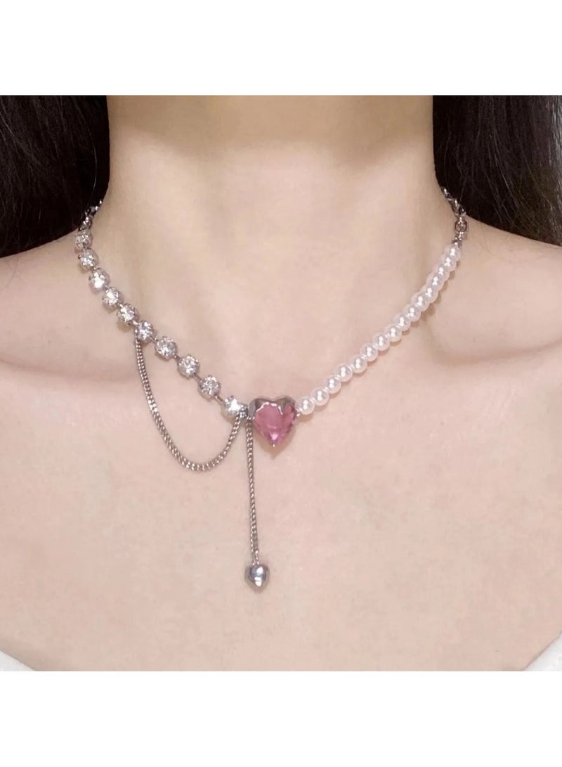 Huitich Elegant Heart Pendant Pearl Necklace Adjustable 45+7cm Chain  - Image 2