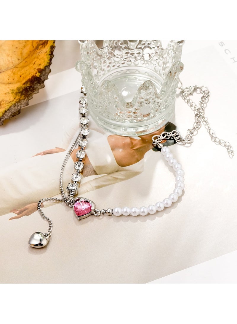 Huitich Elegant Heart Pendant Pearl Necklace Adjustable 45+7cm Chain  - Image 5