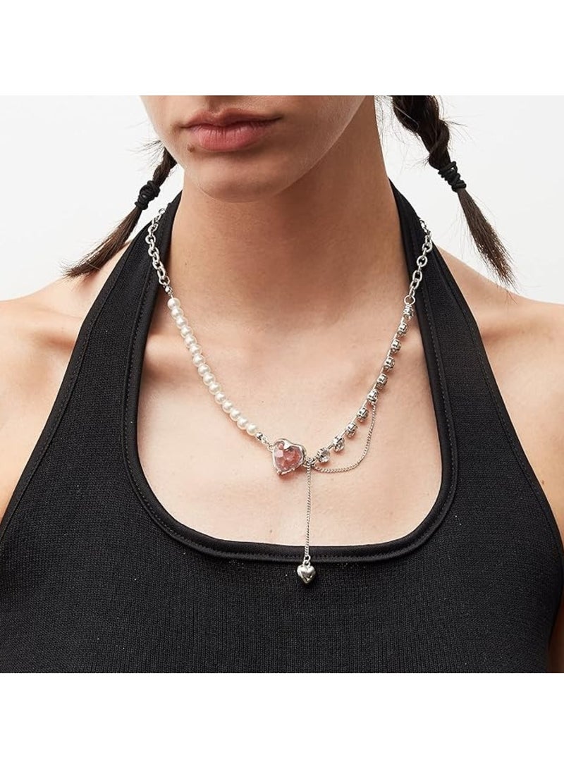 Huitich Elegant Heart Pendant Pearl Necklace Adjustable 45+7cm Chain  - Image 3