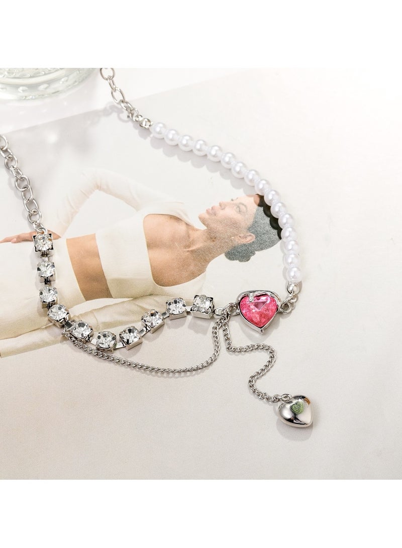 Huitich Elegant Heart Pendant Pearl Necklace Adjustable 45+7cm Chain  - Image 4