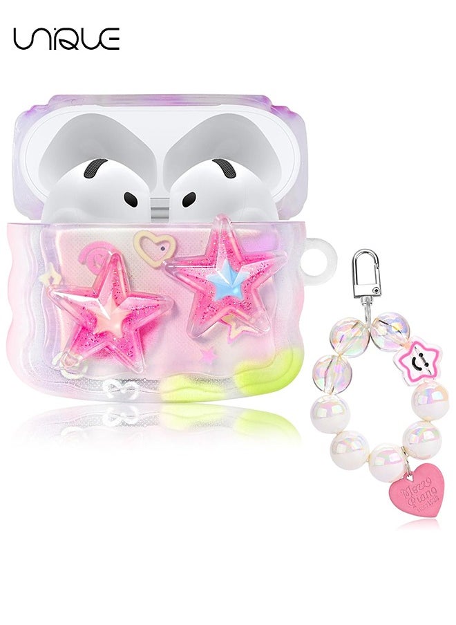 Unique For AirPods 4th Generation with Love Pendant Colorful Round Bead Keychain - Glitter 3D Stars Design Soft Protective Cover for AirPods 4th Generation cases  - Image 1