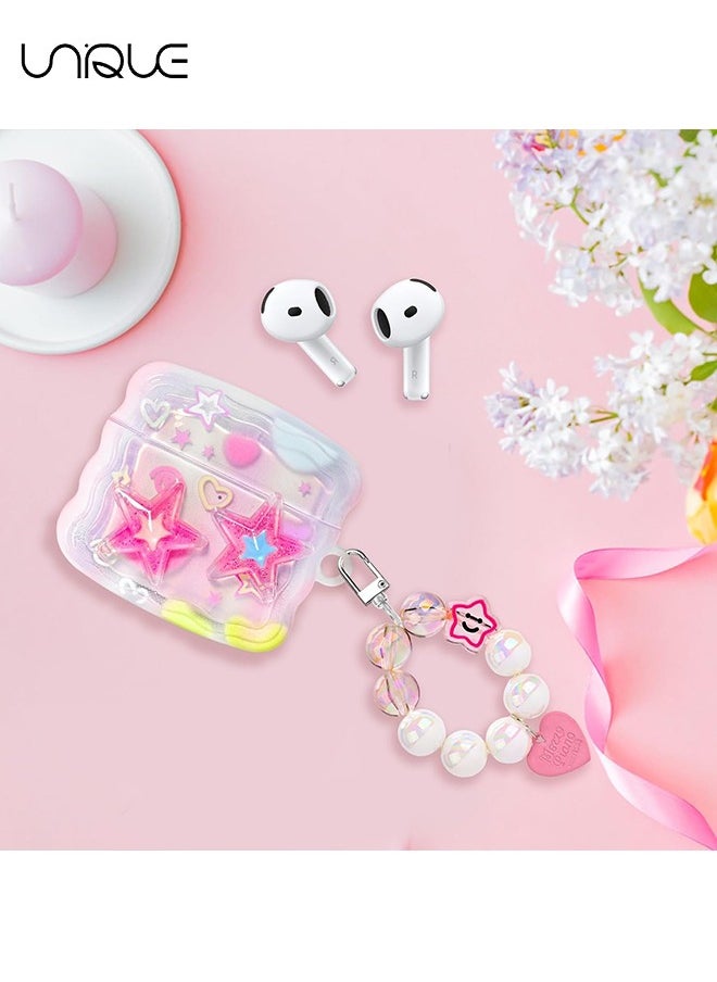 Unique For AirPods 4th Generation with Love Pendant Colorful Round Bead Keychain - Glitter 3D Stars Design Soft Protective Cover for AirPods 4th Generation cases  - Image 5