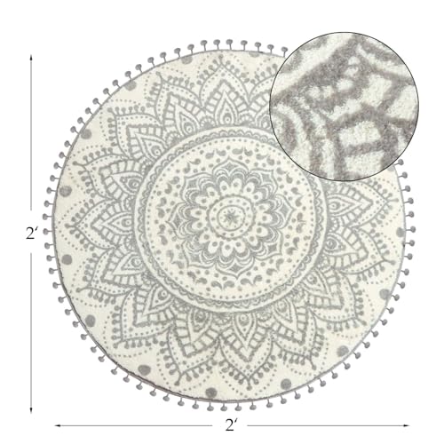 Uphome Small Round Rug 2’ Boho Beige and Grey Bathroom Rug with Pom Poms Fringe Washable Mandala Circle Shower Mat Soft Non-Slip Cute Circular Throw Rug for Sink Powder Room Kids Room Nursery - Image 5