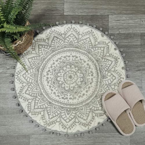 Uphome Small Round Rug 2’ Boho Beige and Grey Bathroom Rug with Pom Poms Fringe Washable Mandala Circle Shower Mat Soft Non-Slip Cute Circular Throw Rug for Sink Powder Room Kids Room Nursery - Image 1