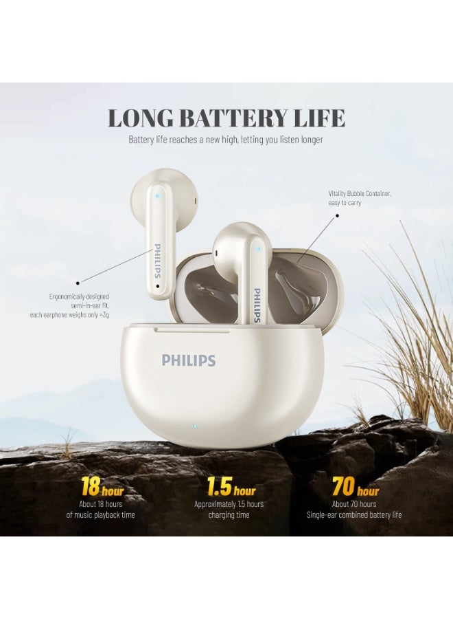 Philips Earbuds, Bluetooth Earbuds, Headphone, Open Ear Ring True Open Ear Headphones, True Wireless Earbuds - Bluetooth ， In-Ear Headphones， Bluetooth 5.4 Headphones with 18H Playtime, AI Call Noise Reduction, 13mm Bass Driver, Spatial Audio, Sweatproof for Sports, Work, Travel & iPhone Android TAT1199 White - Image 3