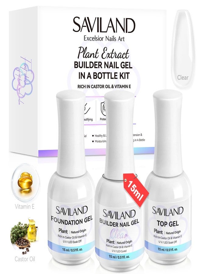 SAVILAND Clear Builder Nail Gel Kit: 3 Pcs 15ml Builder Nail Gel Base Top Gels with Castor Oil Vitamin E Apex Building for Thickening Extension Strengthening Repair Nails Art DIY Home Salon Gift Set - Image 1