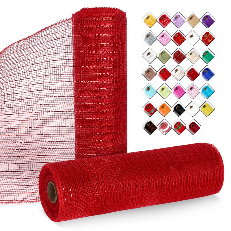 Icoshow 2 Rolls Mesh Ribbon For Wreaths 10 Inch X 30 Foot Wreath Mesh Rolls With Metallic Foil For Easter Christmas Party Wedding Home Decor Diy Craft Projects And Gift Wrapping (Red) - Image 1