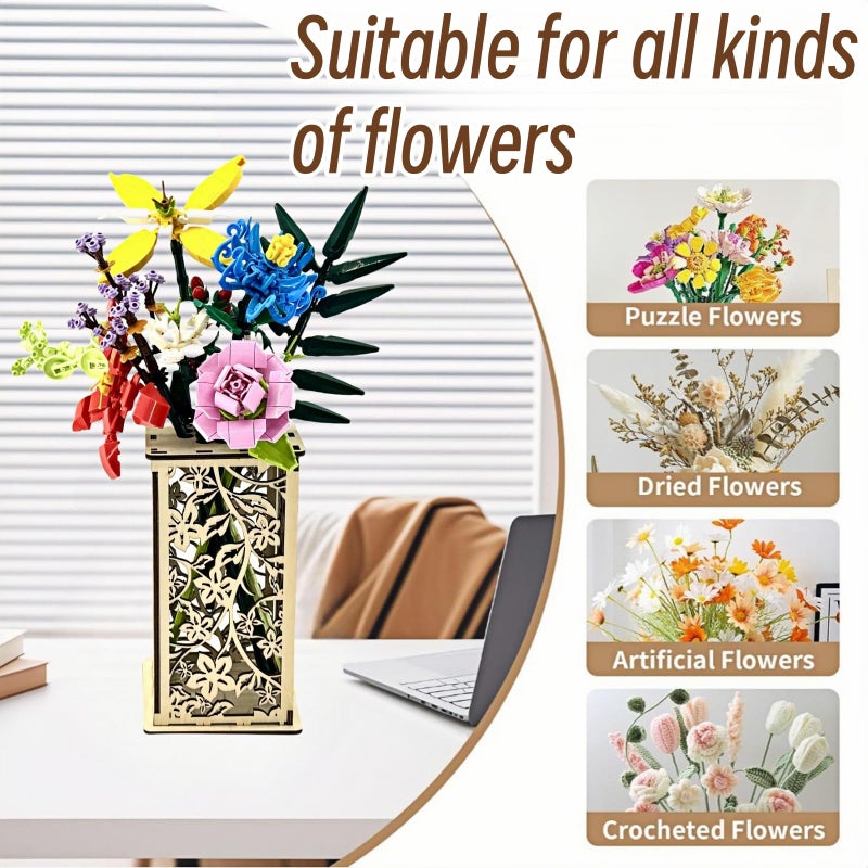 Turutu Wooden Carved Lego Flower Vase with Hollow Design -Artistic Display Stand for Lego Flowers, Perfect Vase for Lego Bouquet, Ideal Gift for Flower Lovers - Image 5