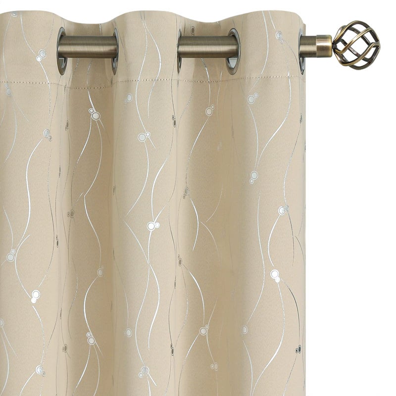 BGment Room Darkening Curtains 84 Inches Long Grommet Thermal Insulated Blackout Curtains with Wave Line and Dots Printed for Bedroom 2 Panels Each 42 x 84 Inch Beige