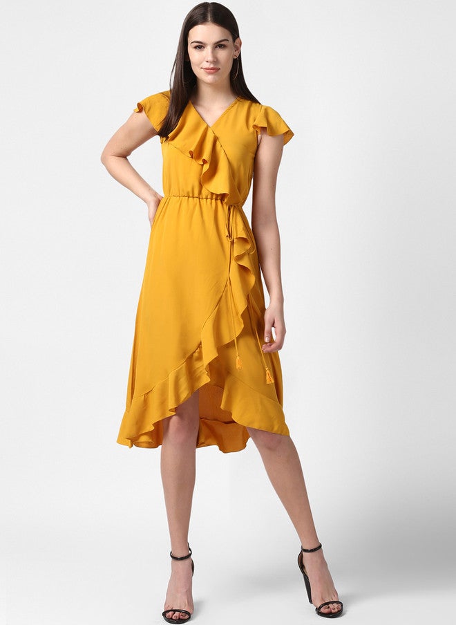 StyleStone فستان ميدي نسائي أصفر سادة من ستايل ستون بتصميم ملفوف وواسع - Image 1