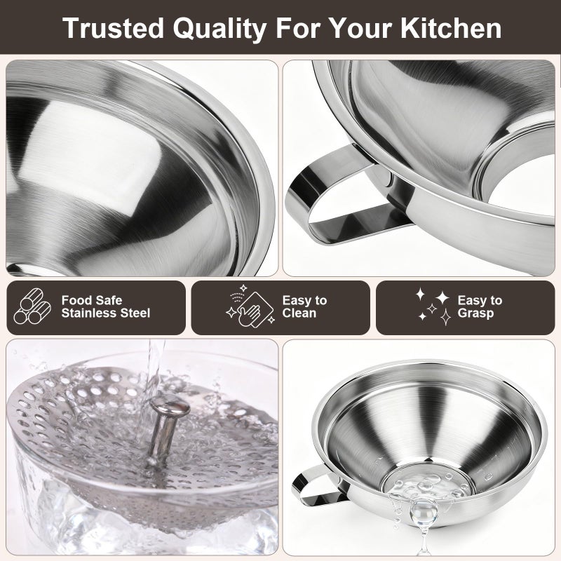 Cuqojs Canning Funnel with Strainer, Wide Mouth Canning Funnels for Filling Wide and Regular Mason Jars, Food Grade Stainless Steel Canning Funnels for Kitchen Use, 3 Pack (Small and Large) - Image 3