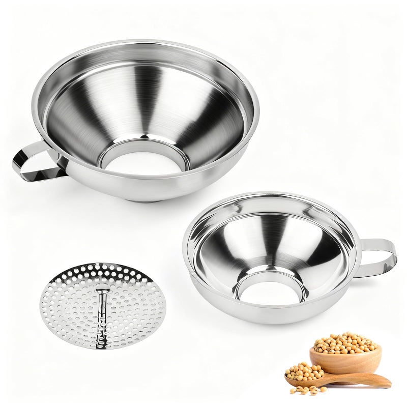 Cuqojs Canning Funnel with Strainer, Wide Mouth Canning Funnels for Filling Wide and Regular Mason Jars, Food Grade Stainless Steel Canning Funnels for Kitchen Use, 3 Pack (Small and Large) - Image 1