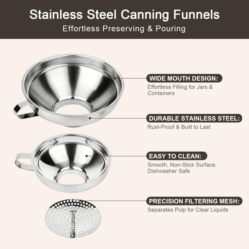 Cuqojs Canning Funnel with Strainer, Wide Mouth Canning Funnels for Filling Wide and Regular Mason Jars, Food Grade Stainless Steel Canning Funnels for Kitchen Use, 3 Pack (Small and Large) - Image 4