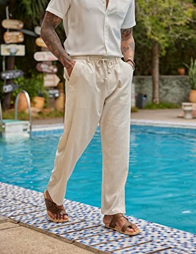 COOFANDY Men's Viscose and Linen Pants Elastic Waist Yoga Pants Drawstring Lounge Big and Tall Pants Khaki (Khaki, M) - Image 3