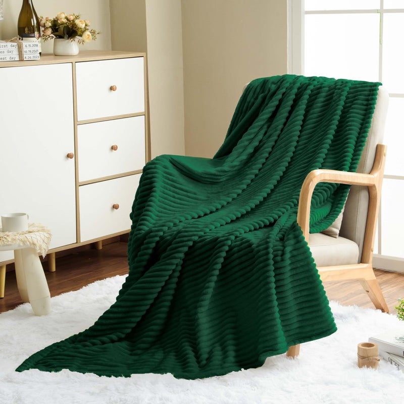Vessia Flannel Fleece Throw Blanket for Couch Sofa Bed  300GSM 50x70inch Striped Dark Green Blanket Throw for Adults and Kids  Super Soft Warm Cozy Lightweight Ribbed Christmas Throw for All-Season - Image 1